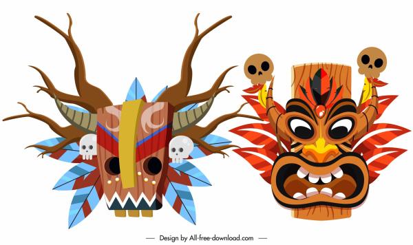 ethnic masks icons frightened death decor colorful design