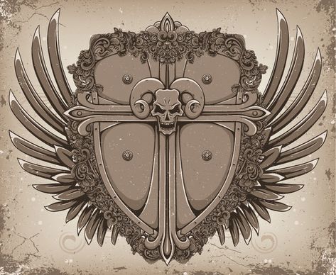 european decorative template symmetric retro wings skull sketch