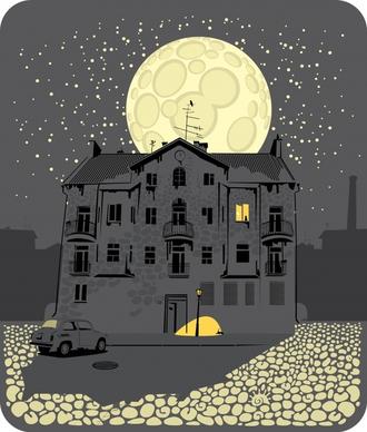 night scene painting european architecture moonlight sketch