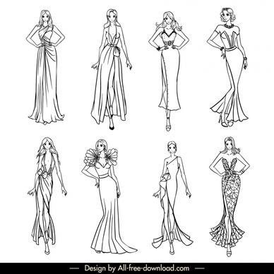 evening dresses design templates collection handdrawn cartoon sketch 