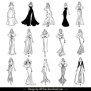 evening dresses design templates handdrawn black white sketch  