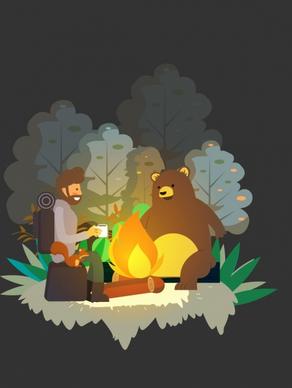 exploration background man stylized bear fire icons