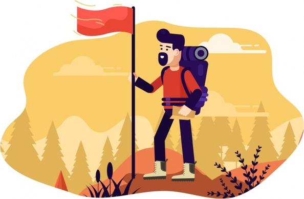exploration background mountaineering theme flag man icons