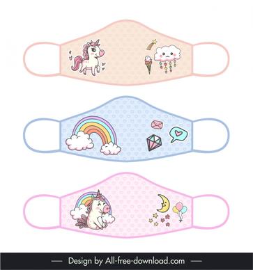 face mask fabric design for print templates flat symmetric handdrawn cute stylized cloud moon unicorn rainbow sketch