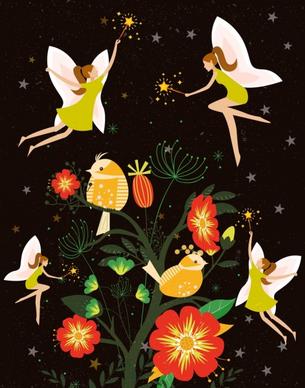 fairy background cute winged angels flowers birds decoration