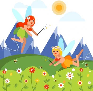 fairy background joyful girls icons colored cartoon design