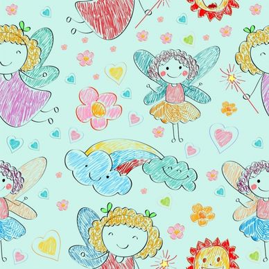 fairy drawing cute girl hearts icons colorful handdrawn