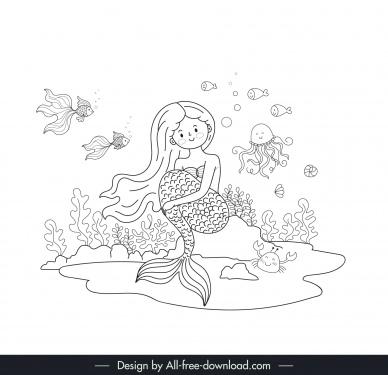 fairy tale design elements handdrawn mermaid sea species outline