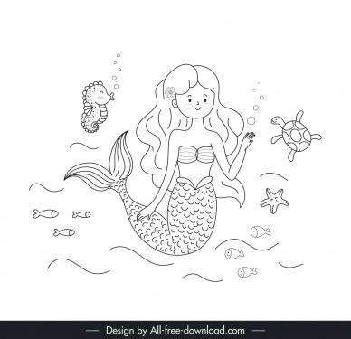 fairy tale mermaid design elements cute black white handdrawn