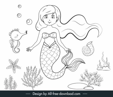 fairy tale mermaid painting black white handdrawn cartoon