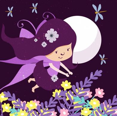 fairytale drawing flying girl moonlight flowers decoration