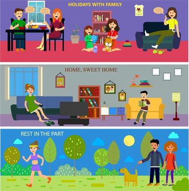 family concept with horizontal design with various activities