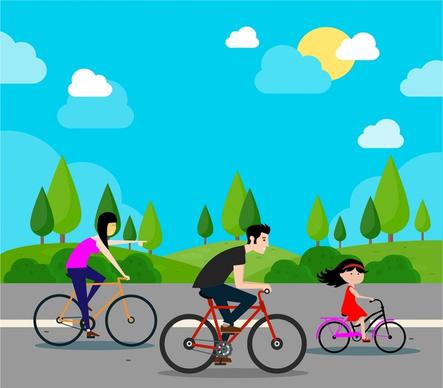 family happy vector illustration with bicycle riding activity