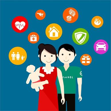 family insurance concept illustration with people and icons