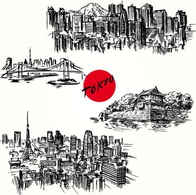 famous cities buildings hand drawn vector