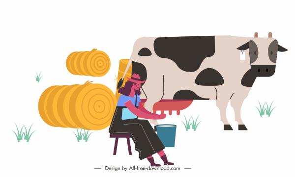 farm work painting woman cow sketch cartoon design