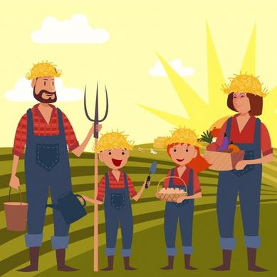 farmer family drawing human icons field landscape