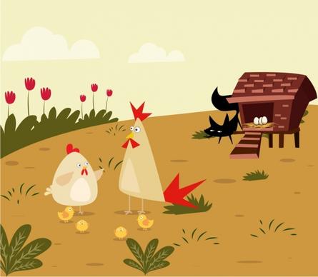 farming background chicken hen cat icons colored cartoon