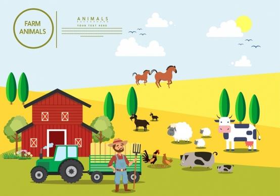 farming background colored cartoon design cattle icons