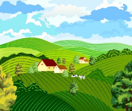 farming background hill landscape design colored cartoon