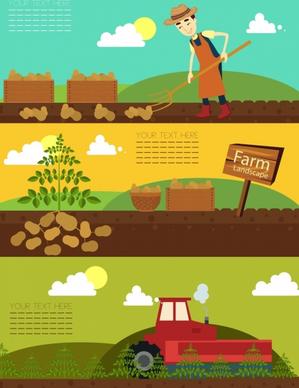 farming background sets farmer potato machine icons