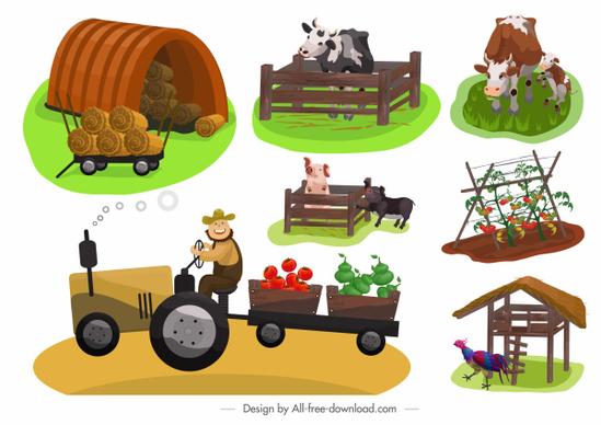 farming design elements colored cartoon sketch