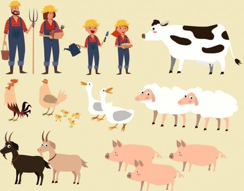 farming design elements human cattle poultry icons