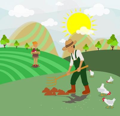 farming job theme colorful human and hens icons