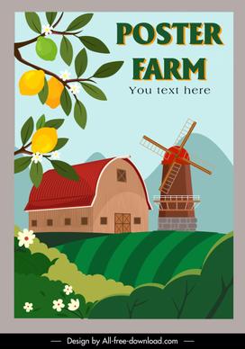 farming poster windmill warehouse lemon tree field sketch