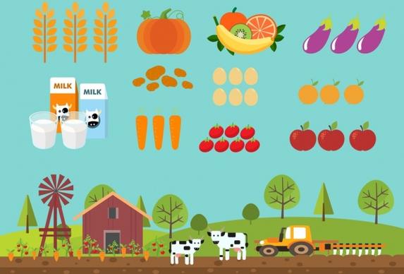 farming products icons colorful cartoon sketch