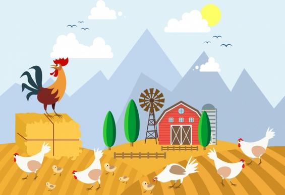 farmland drawing chicken icons colored cartoon design