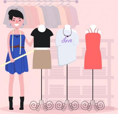 fashion designer job background female clothes display colored cartoon