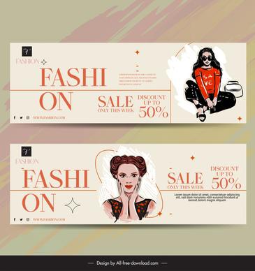 fashion discount banner template handdrawn cartoon ladies