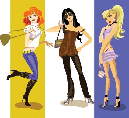 fashion girls icons colored cartoon characters