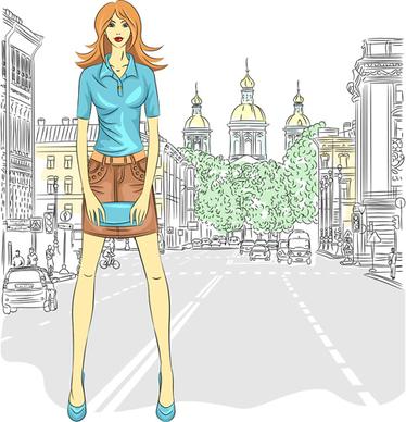 fashion girl with urban life vector