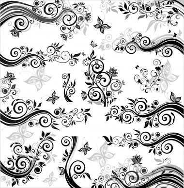 nature pattern classical black white flowers butterflies elements