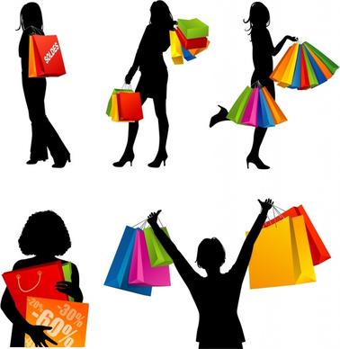 shopping woman icons silhouette design colorful bags ornament