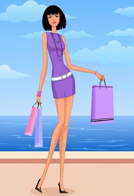 fashion background shopping girl beach icons cartoon character
