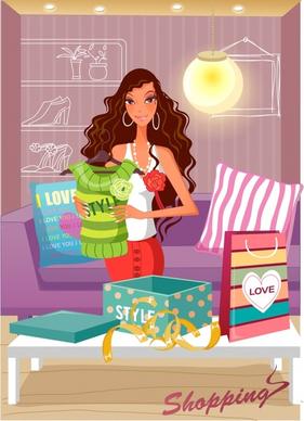 shopping background young girl gifts icons cartoon design