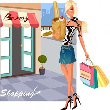 shopping background fashionable girl sketch cartoon character design