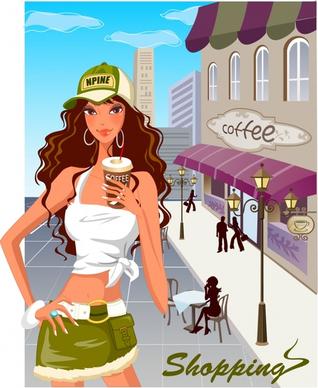 lifestyle background attractive lady sketch coffee theme