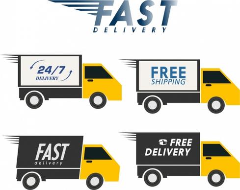 fast delivery advertisement yellow trucks icons ornament