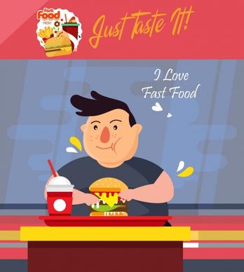 fast food advertisement eating man icon colored cartoon
