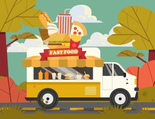 fast food advertising banner truck burgers hotdog icons