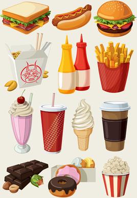 fast food and chocolate with ice cream icons vector