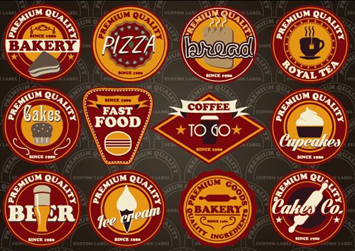 fast food and drink different colored labels vector