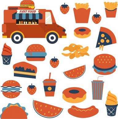 fast food design elements truck hamburger chips icons