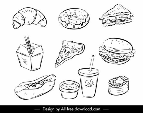 fast food icons black white handdrawn sketch