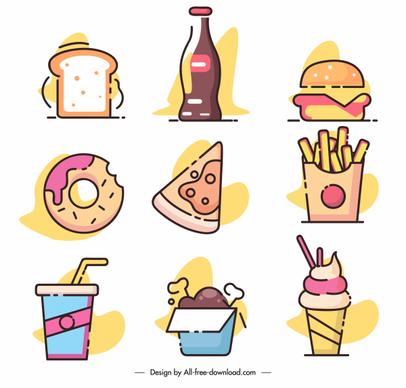 fast food icons classic flat sketch colorful design