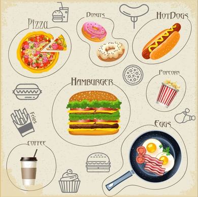 fast food icons collection multicolored symbols isolation